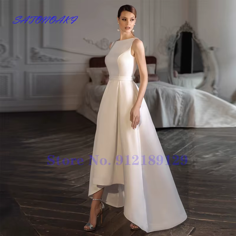 Robes De Novia personnalisé élégant haut/bas ivoire Satin robe De mariée pour mariée encolure dégagé