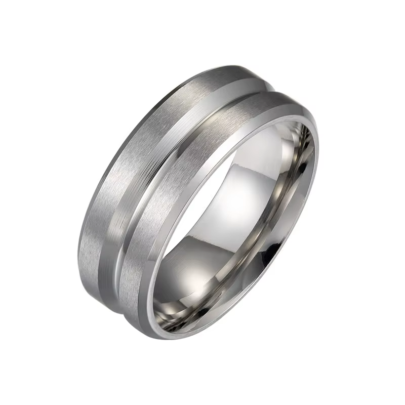 Bague de mariage pour homme BASIC noire pure 8MM en acier inoxydable mat avec rainures brossées, all