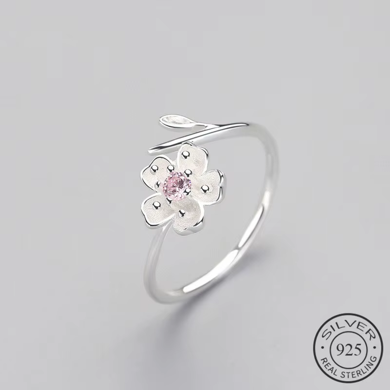 Bague réglable en argent Sterling 925 véritable, Zircon émail fleur de prunier, Bijoux fins élégants