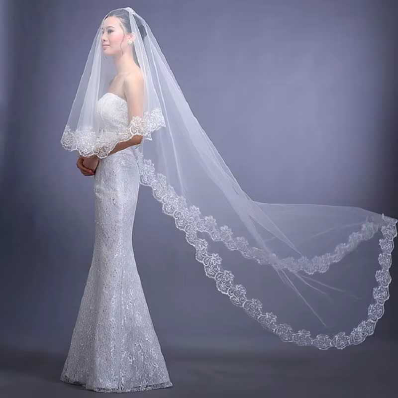 Voile de mariée blanc pur pour femme, 3 m de long, brodé de dentelle florale, bord festonné, style c