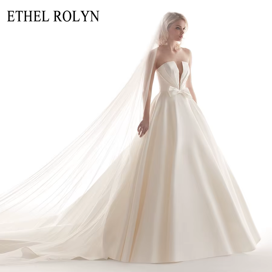 ETHEL ROLYN a-ligne robe De mariée élégante Satin bretelles nœud manches mariée Court Train robe De 
