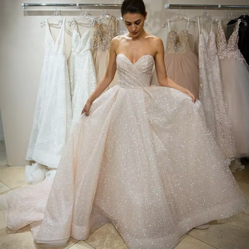 Robes de mariée princesse brillantes personnalisées, robe dos nu, robe trapèze, grande taille, adapt