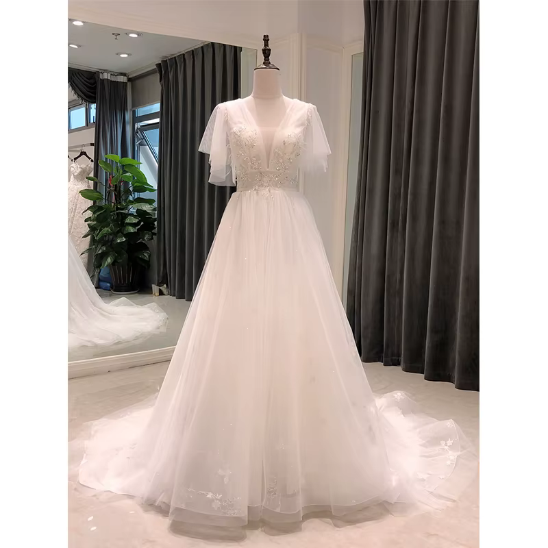 SL-8148 personnalisé élégant dentelle plage bohème robe de mariée col en v France Simple robe de mar
