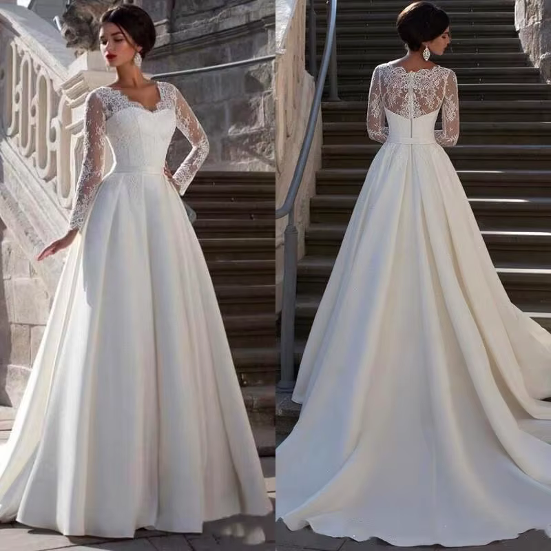 Robe de mariée en Satin pour femmes, en dentelle, avec des appliques, coupe trapèze, col en V, dos t