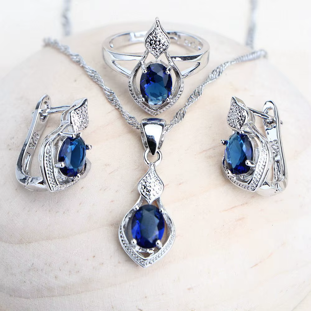 Ensemble de bijoux de mariée en argent 925 pour femmes, bijoux fantaisie en zircone cubique bleue, b