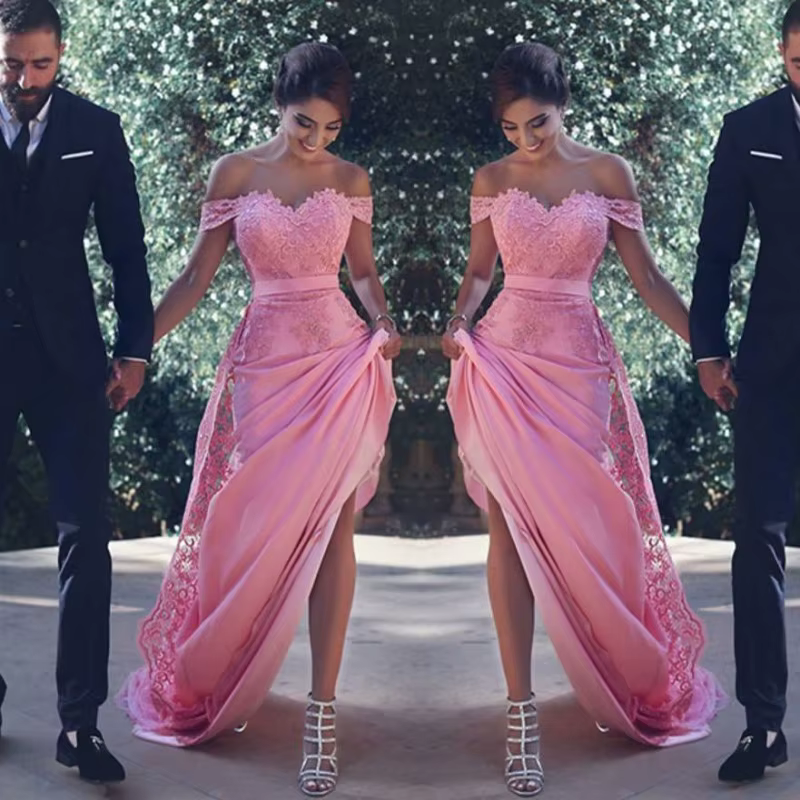 Robe de demoiselle d'honneur rose, sexy, longue avec des appliques de dentelle, ligne A, robe d'invi