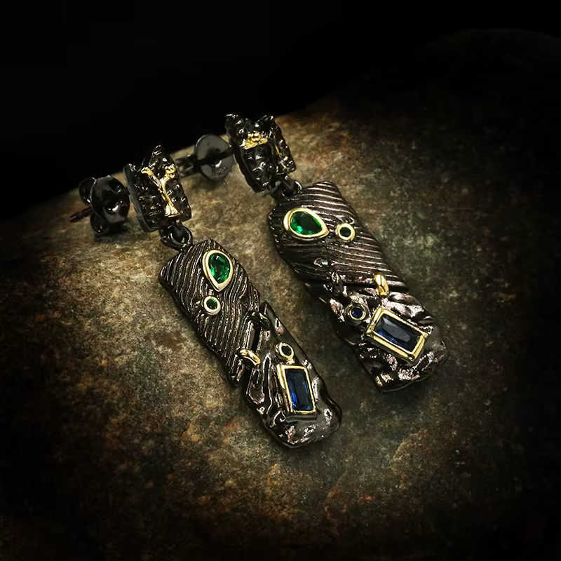 Boucles d'oreilles ethniques rétro en argent 925 plaqué or noir avec pierre verte, idéales pour mari