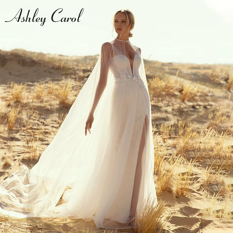 Ashley Carol-Robe de Mariée Sirène à Bretelles Spaghetti, Charmante, avec Broderie Perlée, Ourlet Fe