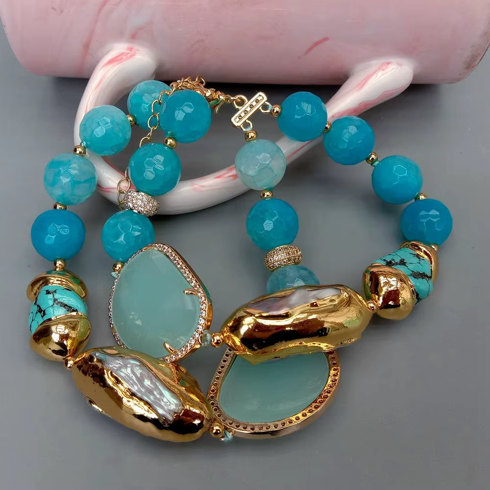 YYGEM 2 rangées bleu à facettes Agate Turquoise cultivée blanc Biwa perle cristal Bracelet dame bijo