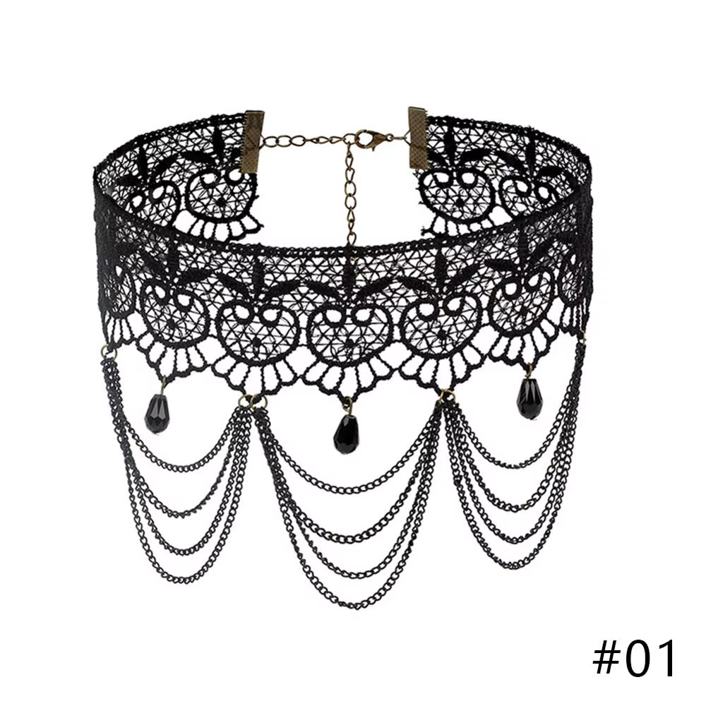 Collier gothique Lolita en dentelle noire, chaîne courte, ras du cou, glands Sexy, ajouré, grande fl