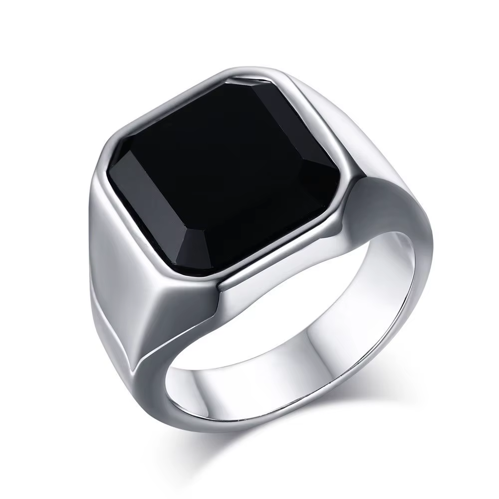Bague chevalière Vintage en Onyx noir pour hommes, en acier inoxydable, classique, carré uni, pour m