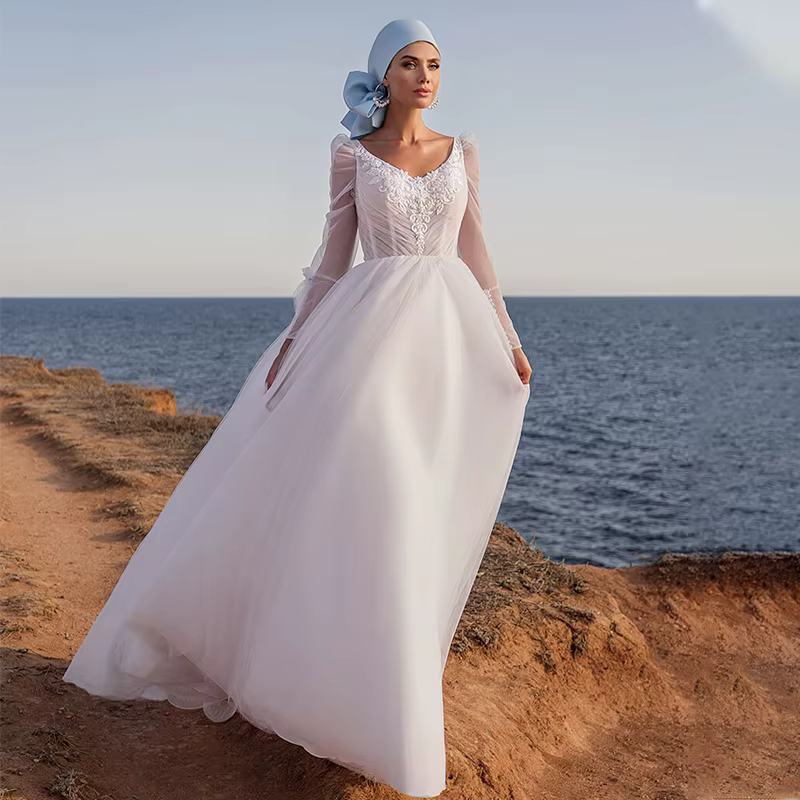 Modiis-Robe de mariée en tulle à manches longues et col en V pour patients, robes de mariée élégante