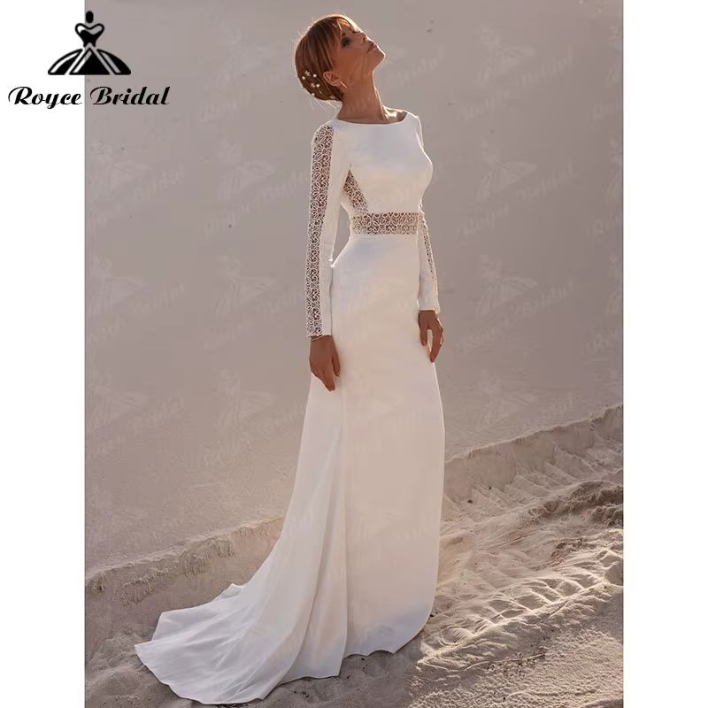 Robe de Mariée Style Sirène en Satin et Dentelle, Tenue Élégante de Style Boho, Col Rond, Découpée, 