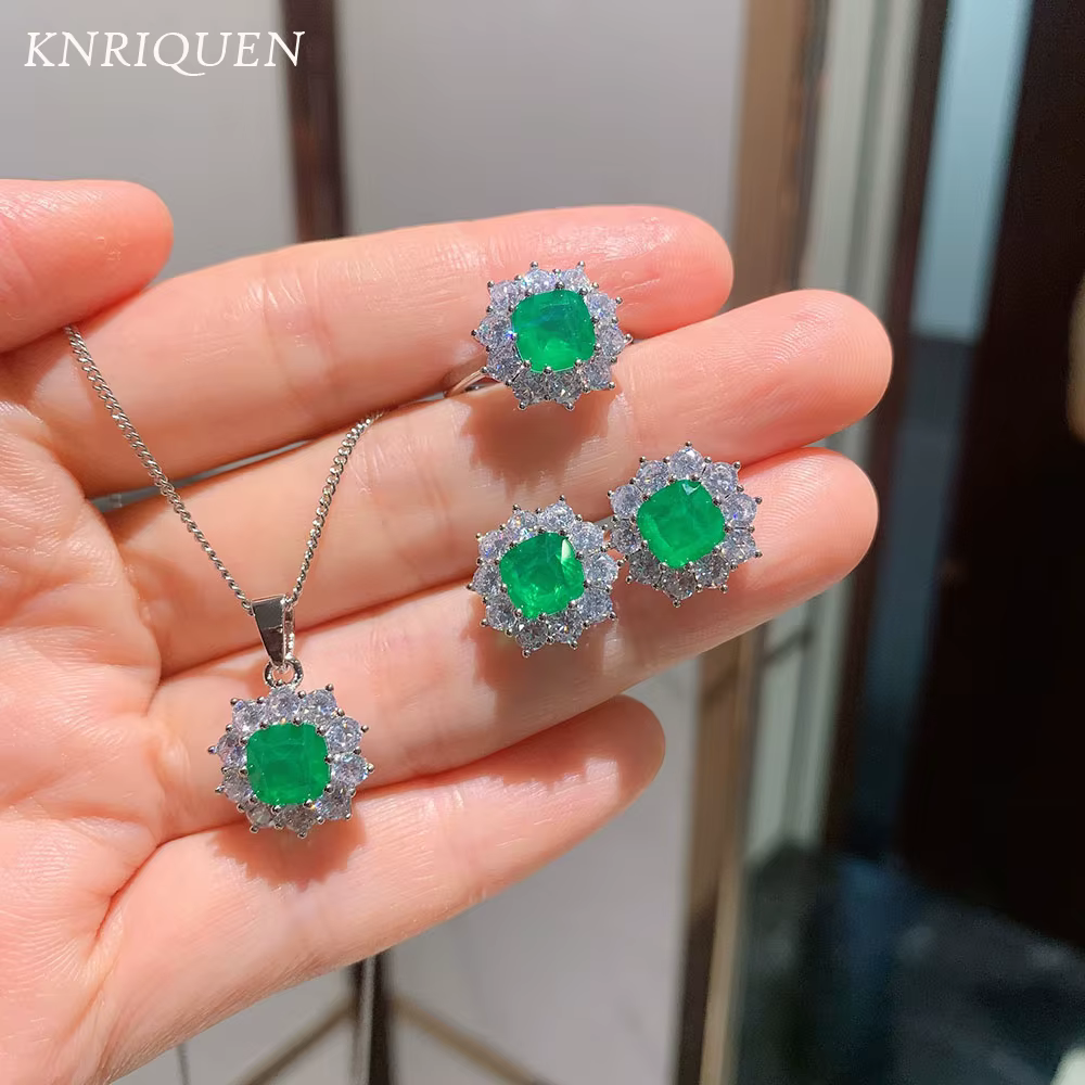 Ensemble de bijoux de mariage, émeraude, rubis, boucles d'oreilles, collier, bagues pour femmes, dia