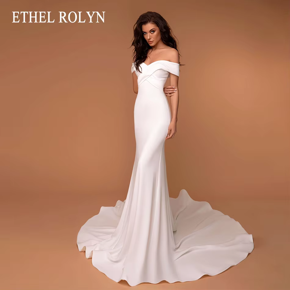 ETHEL ROLYN robe de mariée sirène élégante froncée chérie Stretch Satin mariée hors de l'épaule Vint