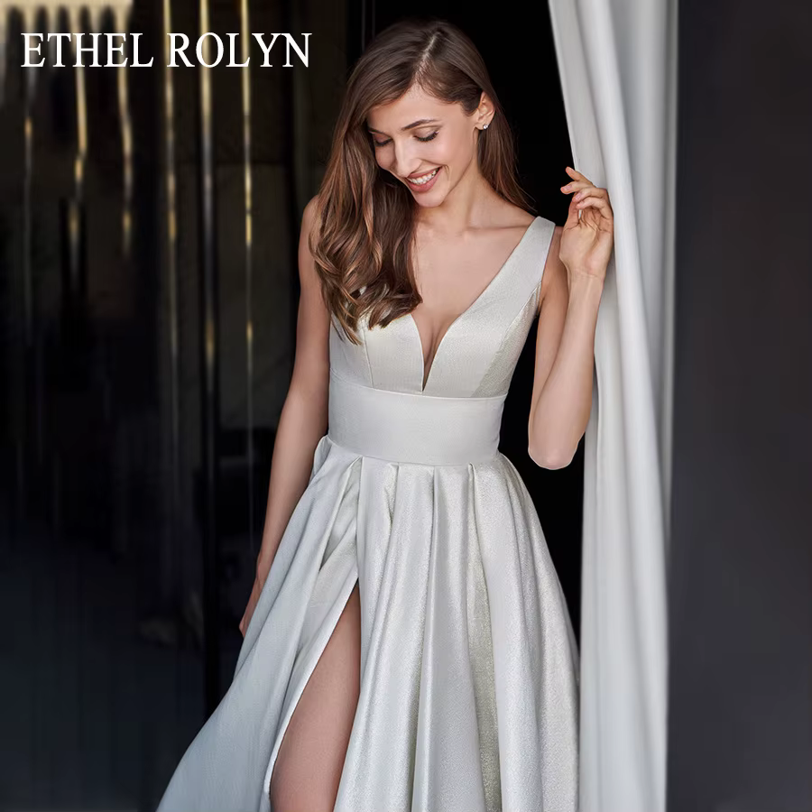 ETHEL ROLYN Robe De mariée trapèze élégante col en v Satin dos nu à lacets robes De mariée sans manc