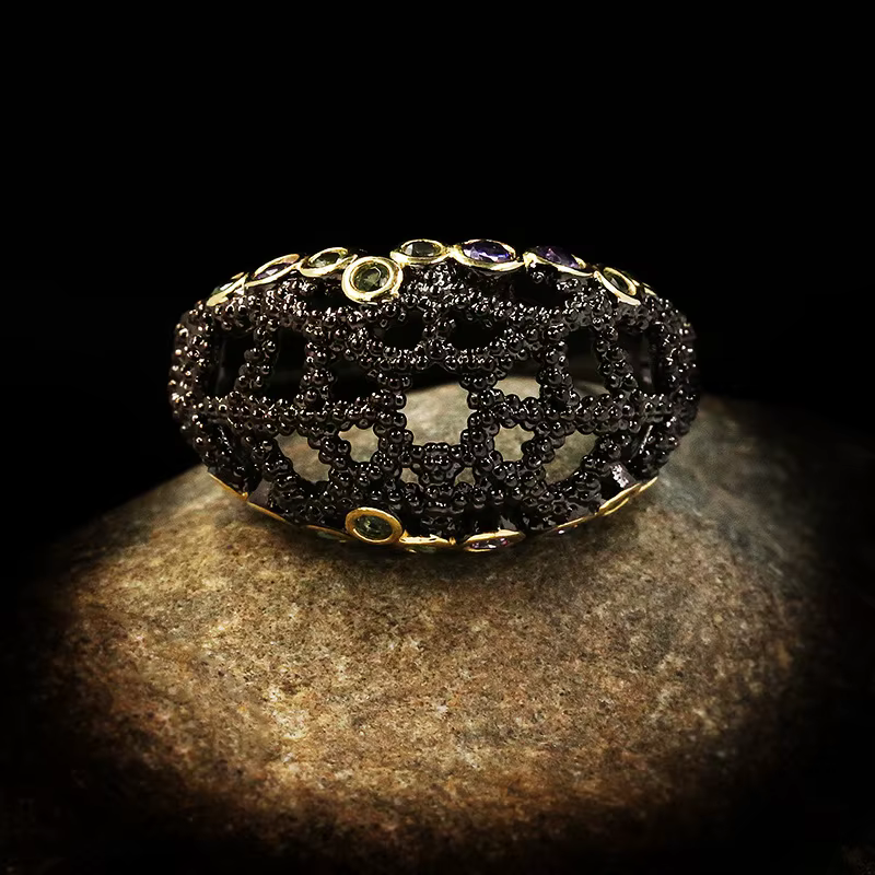 Anneau ajouré en argent 925, haute qualité, noir, Nano Zircon, plaqué or, mode populaire, cadeau de 