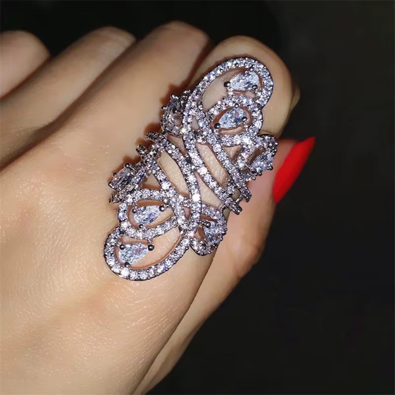 Bague longue ligne remplie d'or blanc pour femme, bijoux en diamant pavé, matiques de fiançailles et