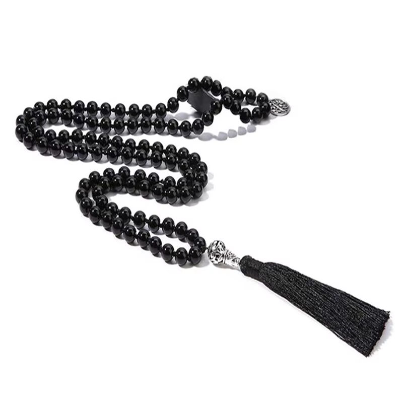 Collier de 108 perles Mala en Onyx Noir 8MM, Bijou de Méditation, Collier Japamala avec Pompon et Pe