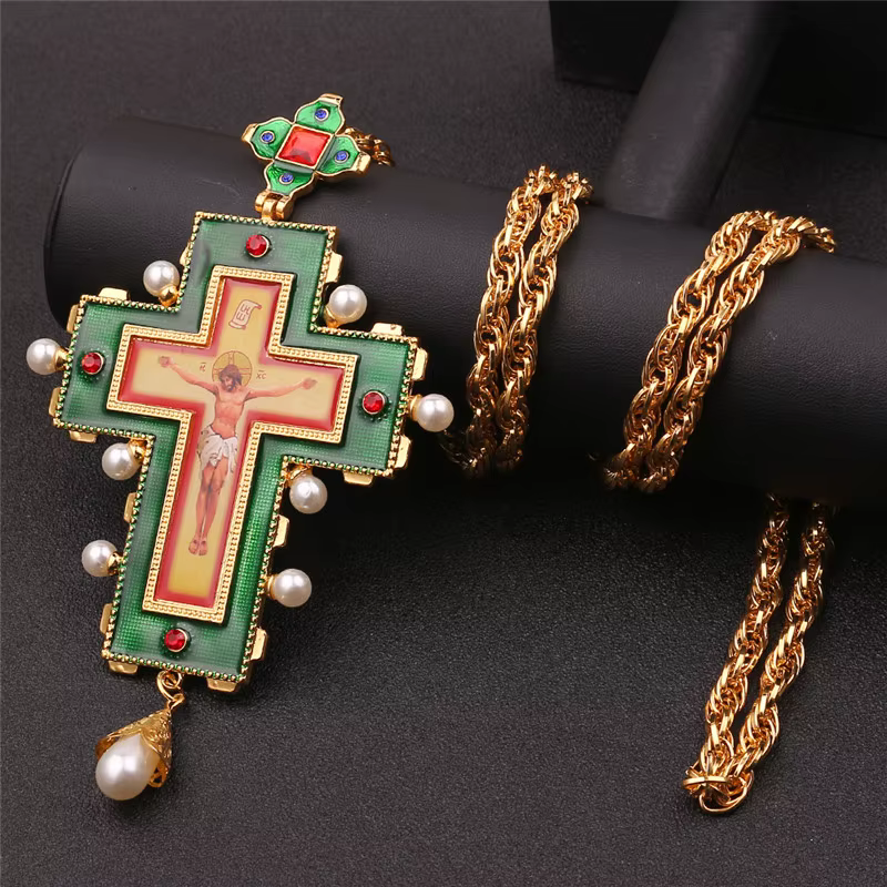 Croix pectorale plaquée or orthodoxe, collier crucifix catholique Jésus, bijoux religieux, pendentif