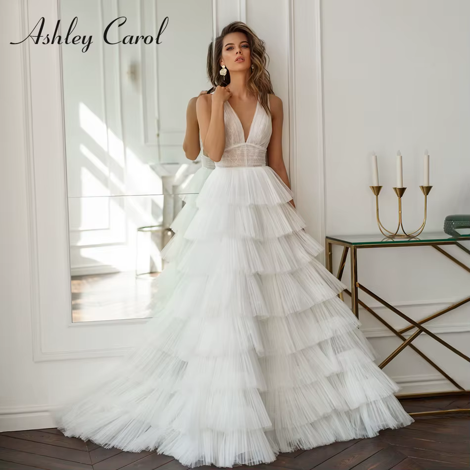 Ashley Carol-Robe de Mariée Trapèze en Tulle et Dentelle, Tenue Sexy à Volants, Col en V, Dos aux, S