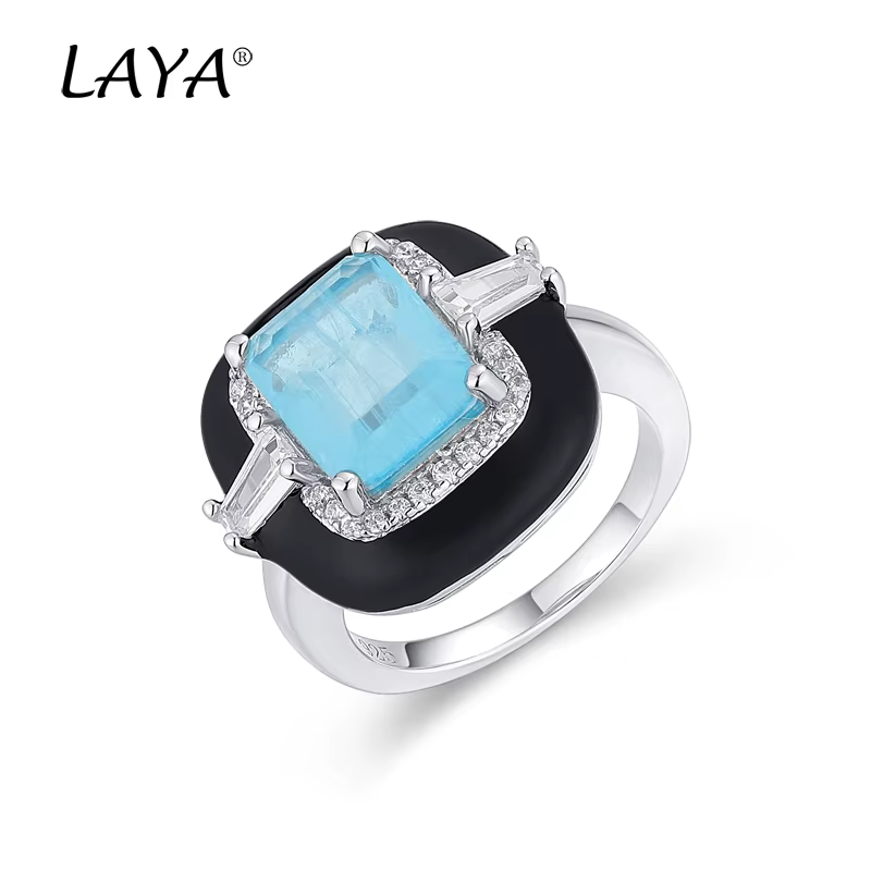 LAYA 925 en argent Sterling mode brillant Zircon naturel bleu pierre noir émail carré anneau pour le