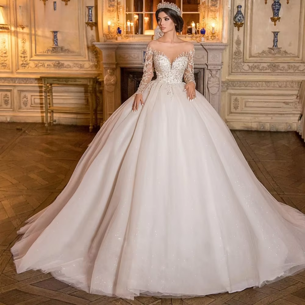 Robe de mariée en dentelle perlée à encolure dégagée transparente personnalisée, robes de mariée exq