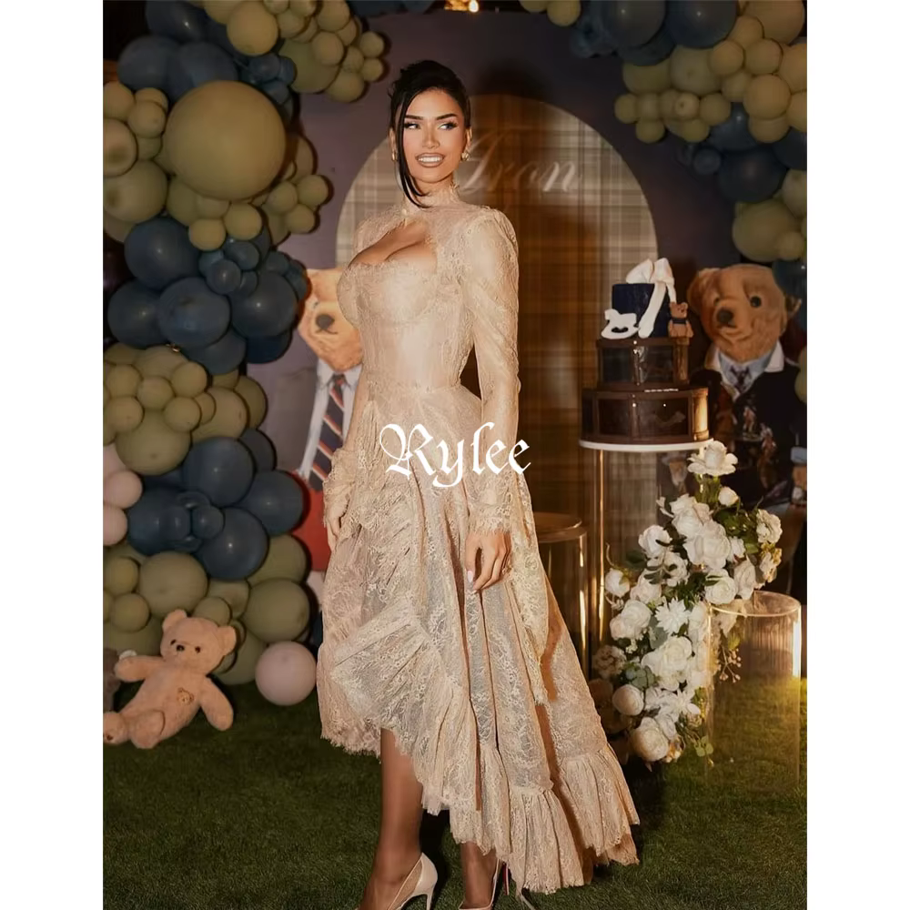 Robes de bal Rylee en dentelle, coupe asymétrique, manches longues évasées, élégantes, personnalisée