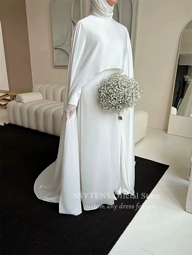 Robe de mariée musulmane blanche modeste avec cape, robe de mariée personnalisée, élégante, manches 