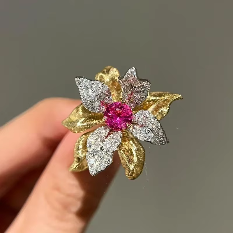 Vintage incrustation Unique luxe rubis frappant fleur anneaux pour les femmes exquis créatif exagéré