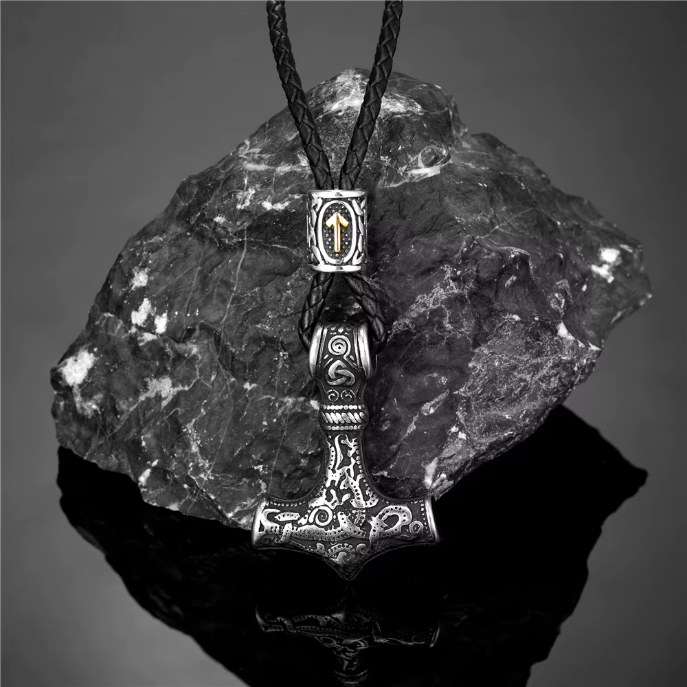 Collier de perles Runes nordiques plaquées or pour hommes, pendentif Mjolnir en acier inoxydable, am