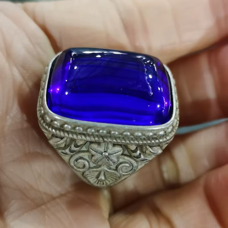 Bague vintage en aigue-marine naturelle, avec cabochon carré incrusté, ajustable, à bande ouverte, p