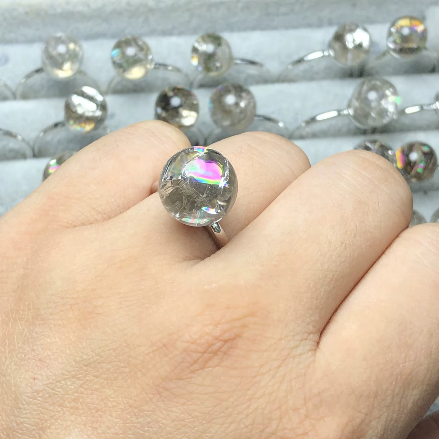 Fengbaowu – bague sphère de Quartz fumé arc-en-ciel craquelé naturel, boule de cristal de 11 à 12MM,