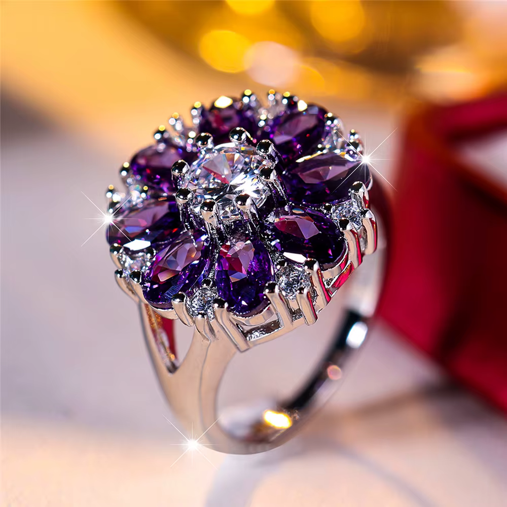 Bague de fiançailles de luxe en cristal violet pour femmes, fleur de soleil, Vintage, couleur argent