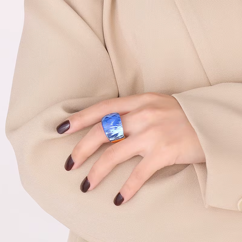 Bagues de fiançailles en acier inoxydable pour femmes, grande pierre de verre de cristal, couleur ro