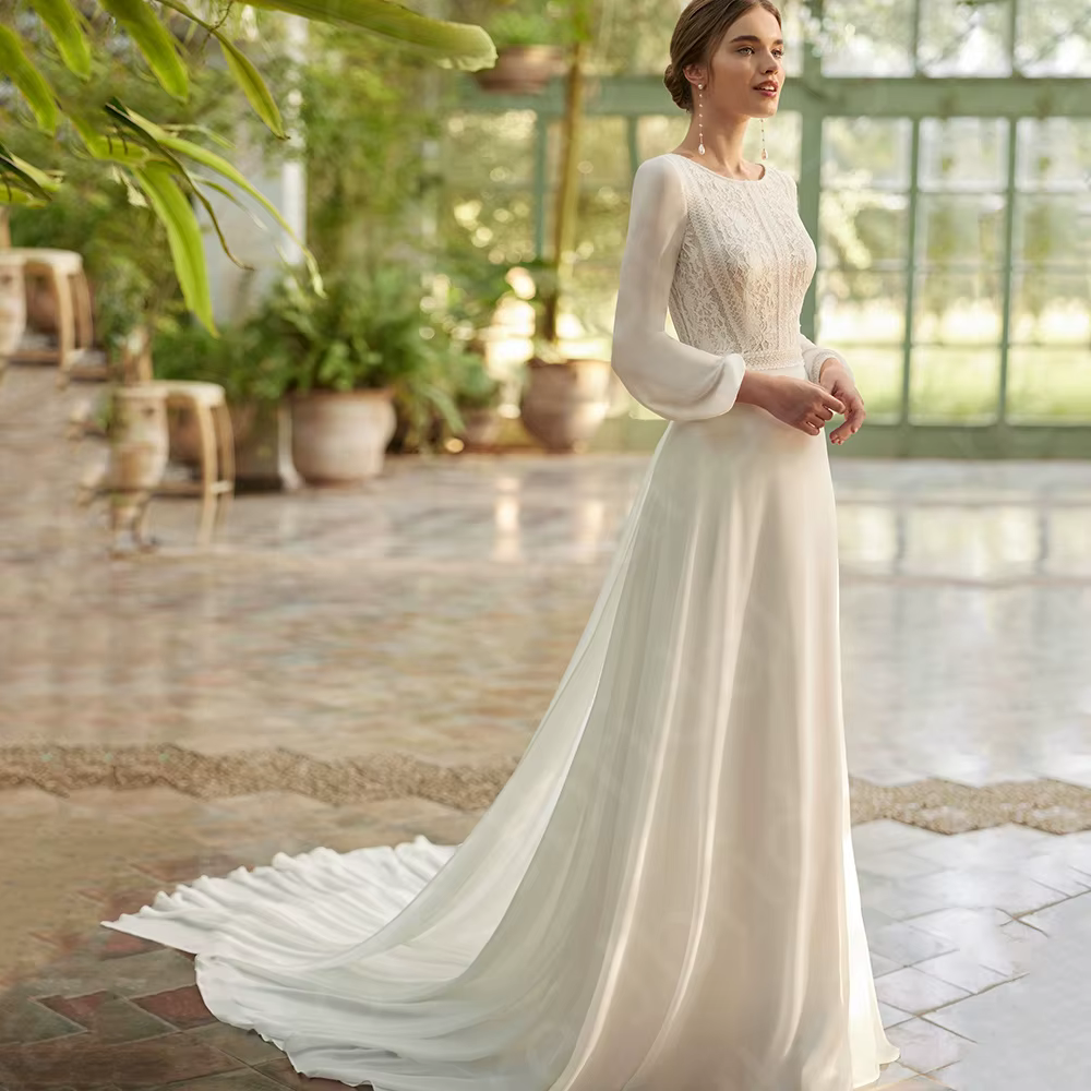 Robes de mariée de plage d'été personnalisées, style Boho, en dentelle, manches longues, col rond, 2