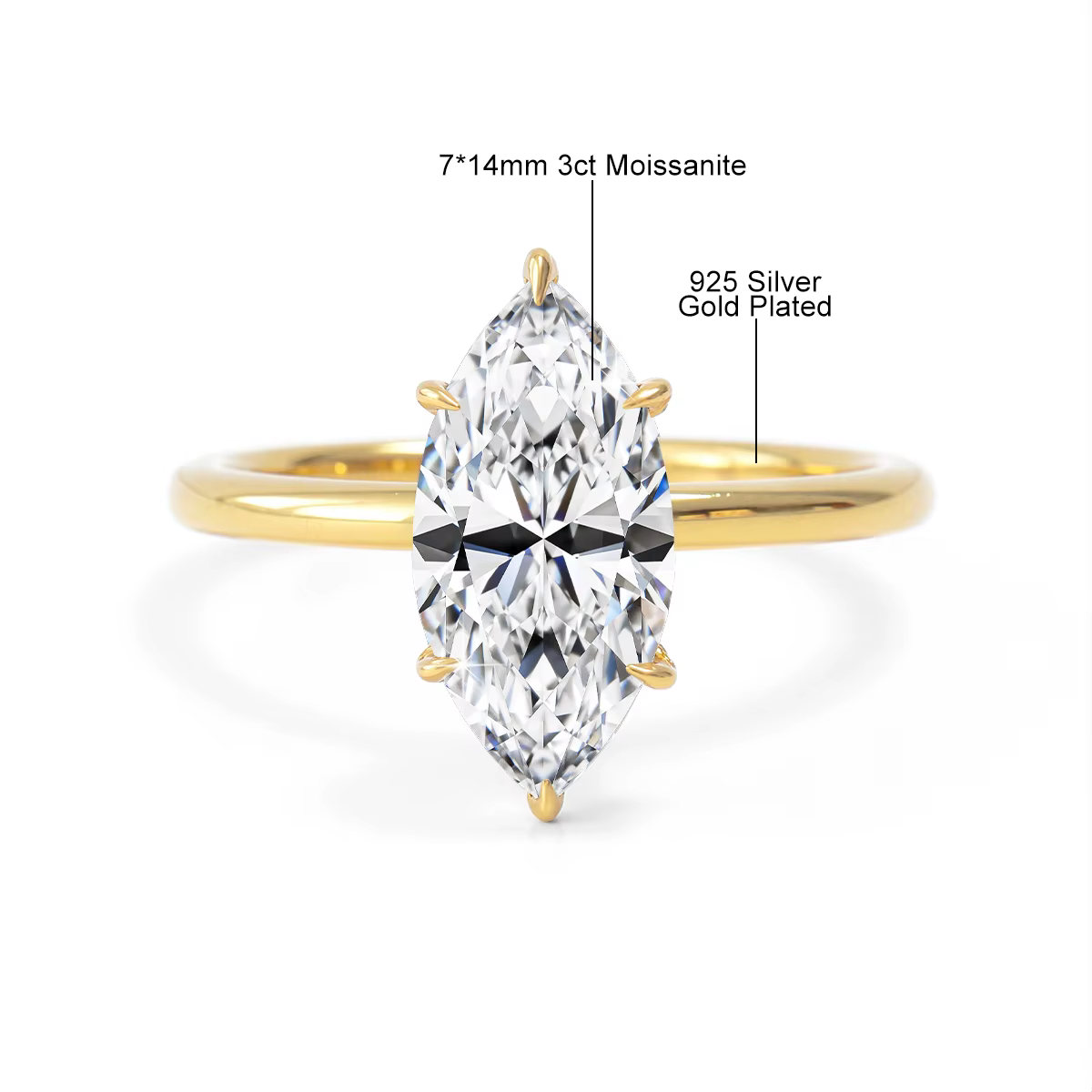 Bague de fiançailles solitaire en moissanite taille marquise 3 carats pour femme, en argent sterling