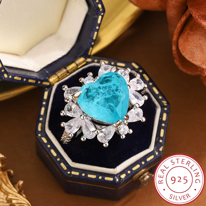 Bague plaquée argent 925 exquise pour femmes, bague de fiançailles en Zircon en forme de cœur Paraib