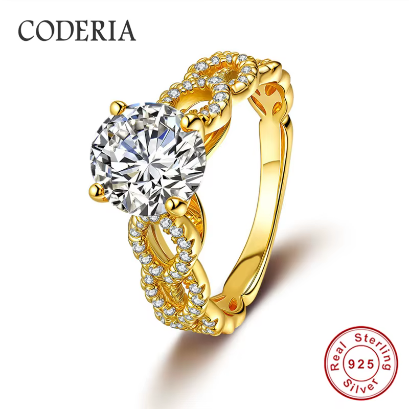 Bague Moissanite ronde 2CT D VVS1 pour femmes, bague de mariage en argent Sterling plaqué or 18 cara