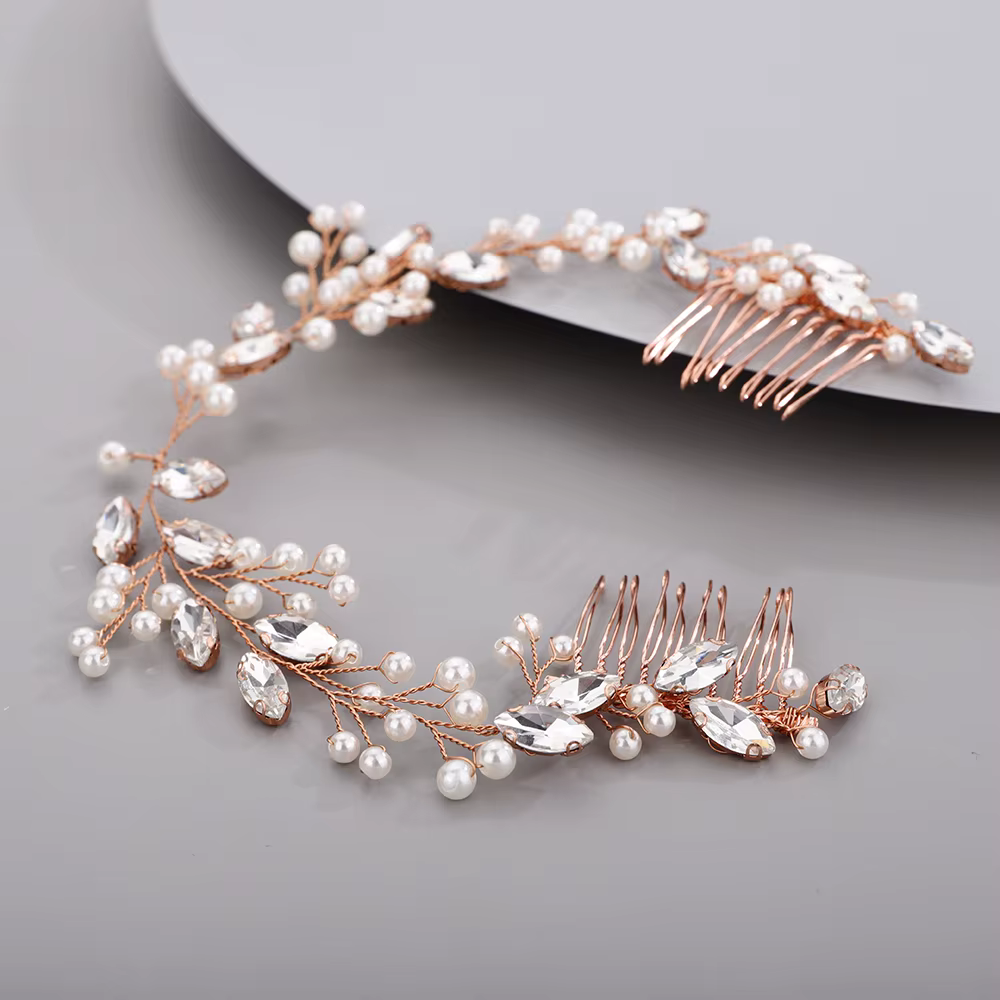 Accessoires de mariage en biscuits or rose et argent, coiffure de mariée, robes de perles pour événe