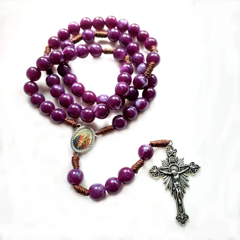 Collier chapelet violet Vierge Marie Notre Dame, collier Y, croix Nina ifix, Jésus-Christ, bijoux re