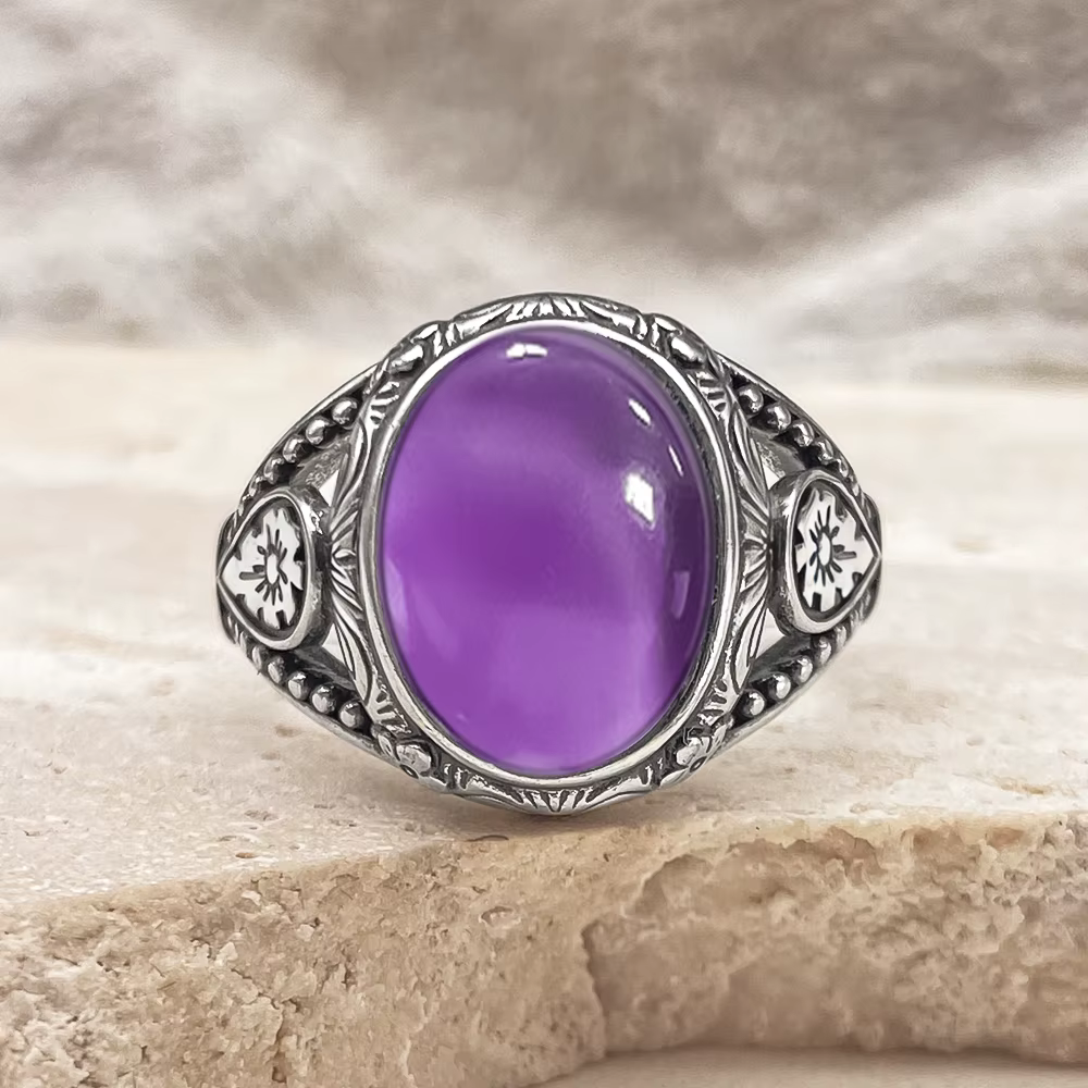 Bague vintage en argent 925 avec pierre naturelle, grande pierre d'ambre naturelle de 10*14MM de for