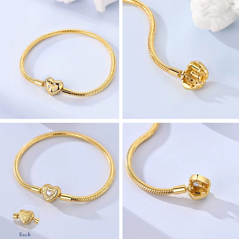 Bracelet cœur d'amour en or 17-20 cm, charme en argent sterling 925, bracelet de famille éternel, br