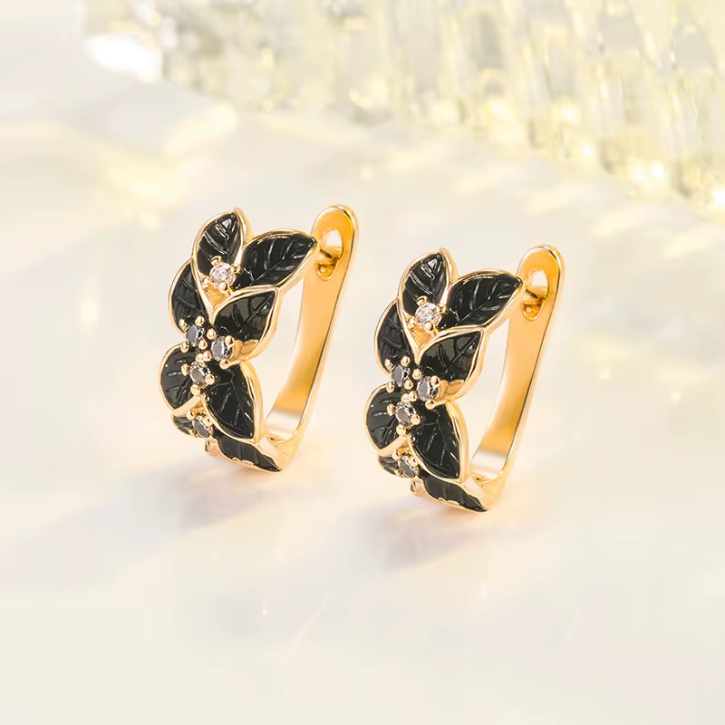 Boucles d'Oreilles en Or Massif 14K pour Femme, Bijoux en Obsidienne et Pierre Précieuse