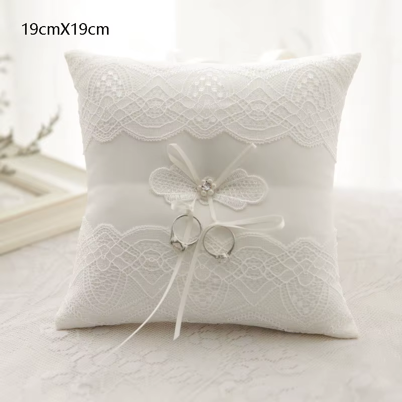 Coussin porte-alliances de mariage brodé avec poche et ruban, pour demande en mariage et décoration 