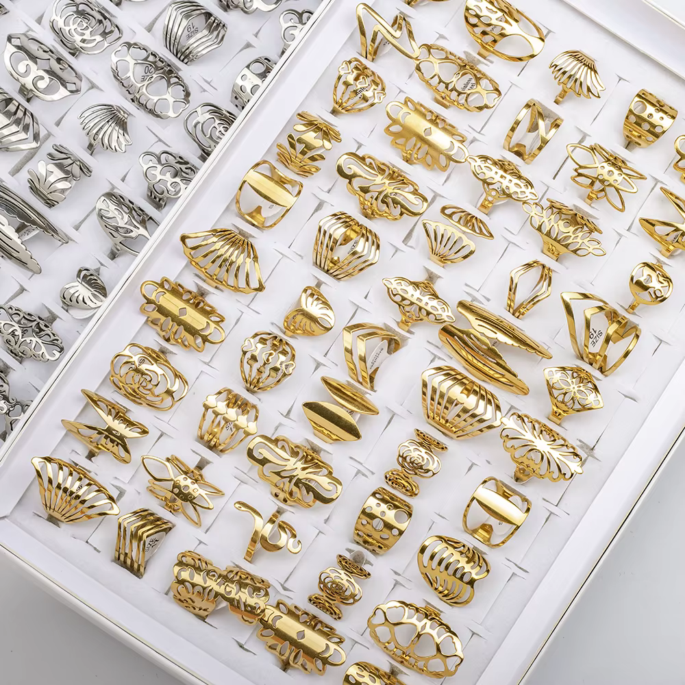 Bagues en acier inoxydable pour femmes, 20 pièces/lot, grands et petits, coupe creuse, bijoux, mélan