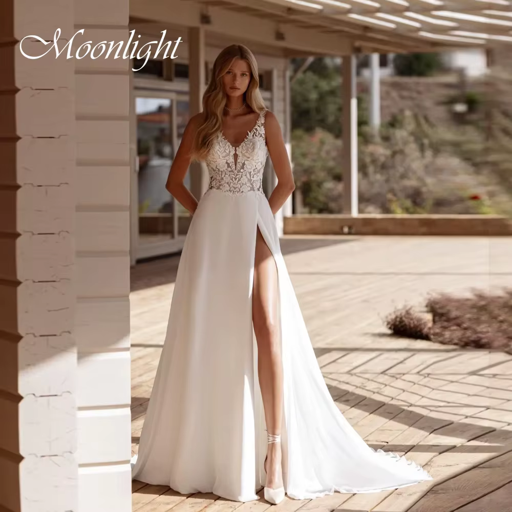 Robe De mariée trapèze en dentelle élégante pour femmes, sans manches, col en v, fente haute, dos ou