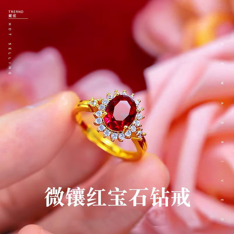 Bague en or pur 9999 24K avec incrustation de cristal rouge naturel et ouverture réglable, bijoux en