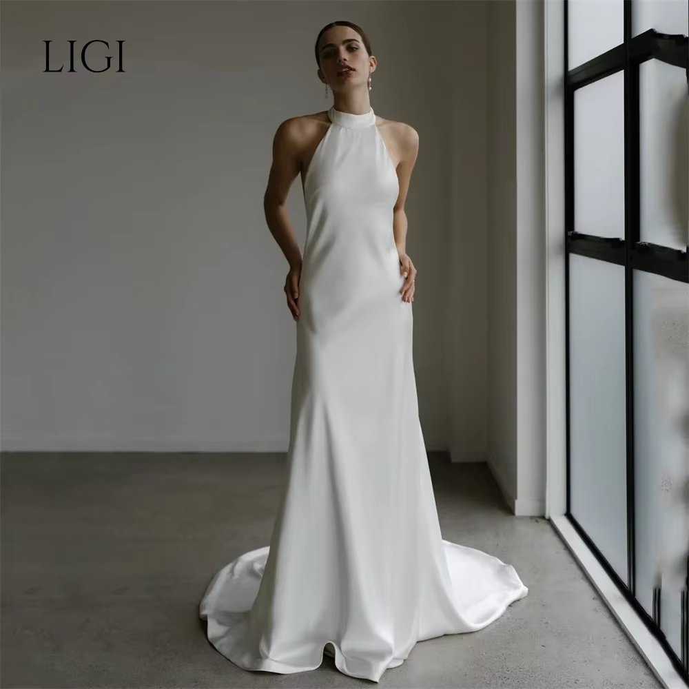 Robe de mariée sirène moderne LIGI pour femme 2025, col montant, sans manches, dos ouvert, traîne, b