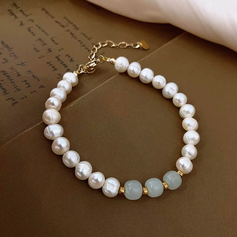 Bracelet en perles d'eau douce baroques et pierre de Jade naturelle, Design Simple, rempli d'or 14K,